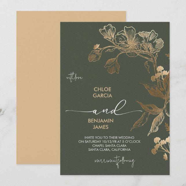 Elegant Golden Orchid Wedding Invitation (Front/Back)