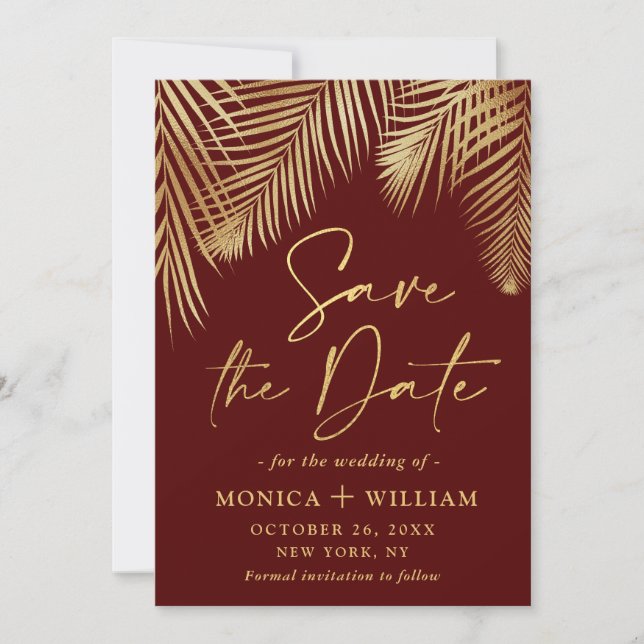 Elegant Golden Palm Branch Wedding Save The Date (Front)