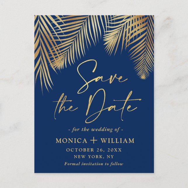 Elegant Golden Palm Branch Wedding Save the Date Postcard (Front)