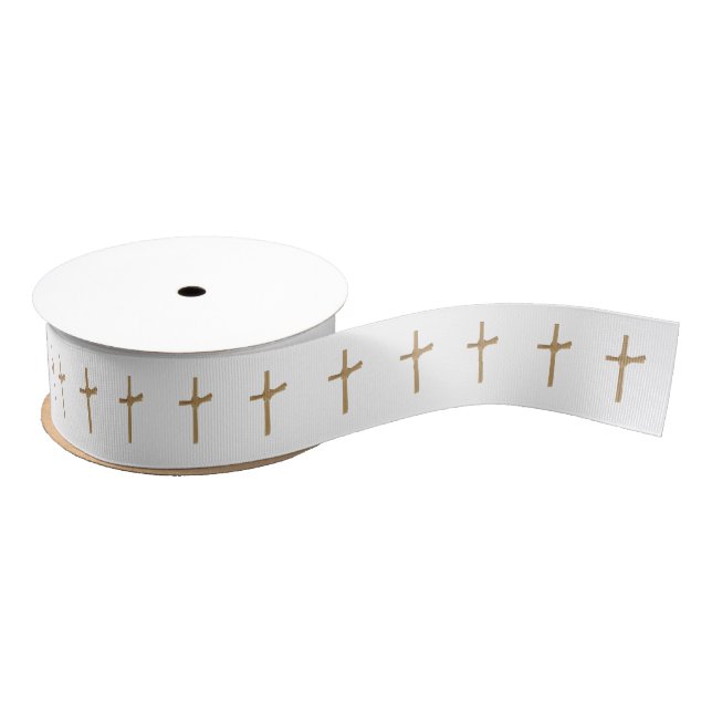 Elegant Golden Palm Cross Pattern Grosgrain Ribbon (Spool)