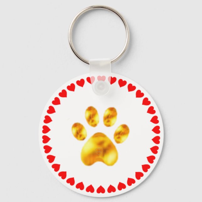 Elegant golden paw with hearts on white key ring (Front)