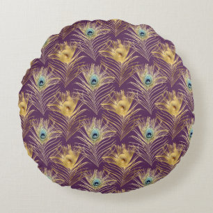 Elegant Golden Peacock Feathers on Purple Round Cushion