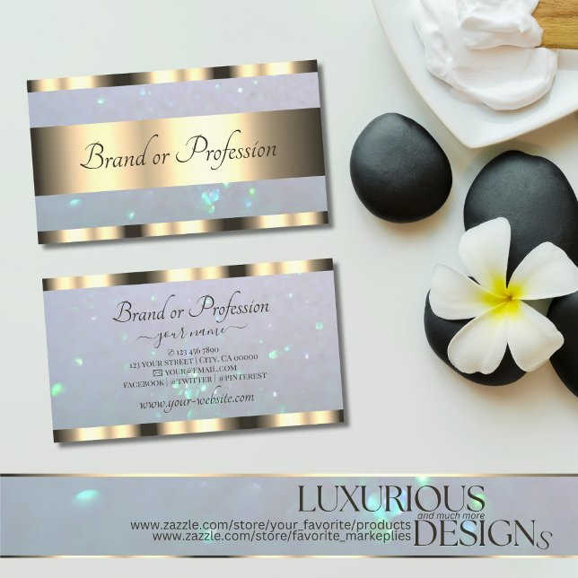Elegant Golden Pearl Shimmer Glitter on Light Blue Business Card (Creator Uploaded)
