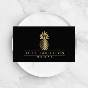 Elegant Golden Pineapple Logo on Black Business Card
