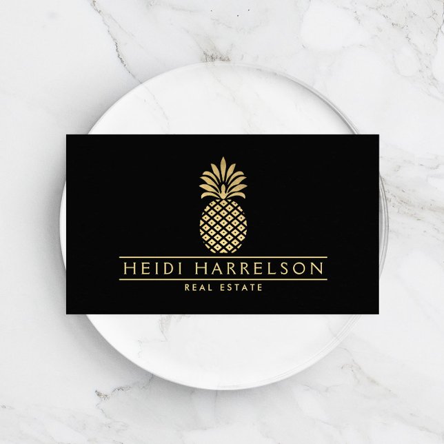 Elegant Golden Pineapple Logo on Black Business Card (Creator Uploaded)