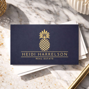 Elegant Golden Pineapple Logo on Dusky Blue Business Card