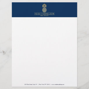 Elegant Golden Pineapple Logo on Navy Blue Custom Letterhead