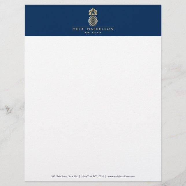 Elegant Golden Pineapple Logo on Navy Blue Custom Letterhead (Front)