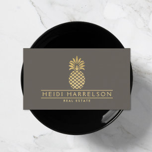 Elegant Golden Pineapple Logo on Taupe Business Card