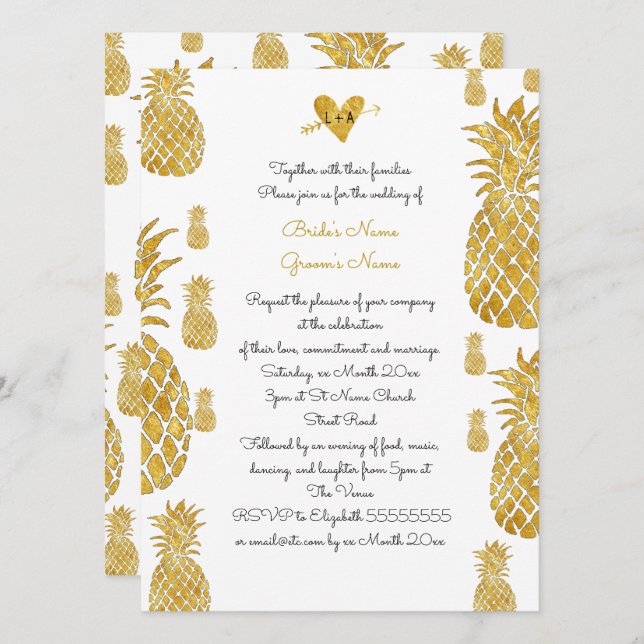 elegant golden pineapples tropical summer wedding invitation (Front/Back)