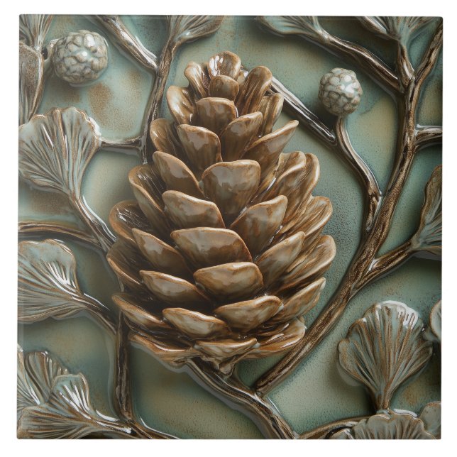 Elegant Golden Pinecone Faux Relief Tile (Front)