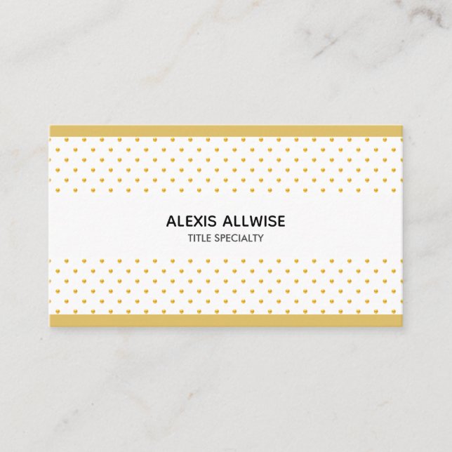 Elegant Golden Polka Dots on White Business Card (Front)