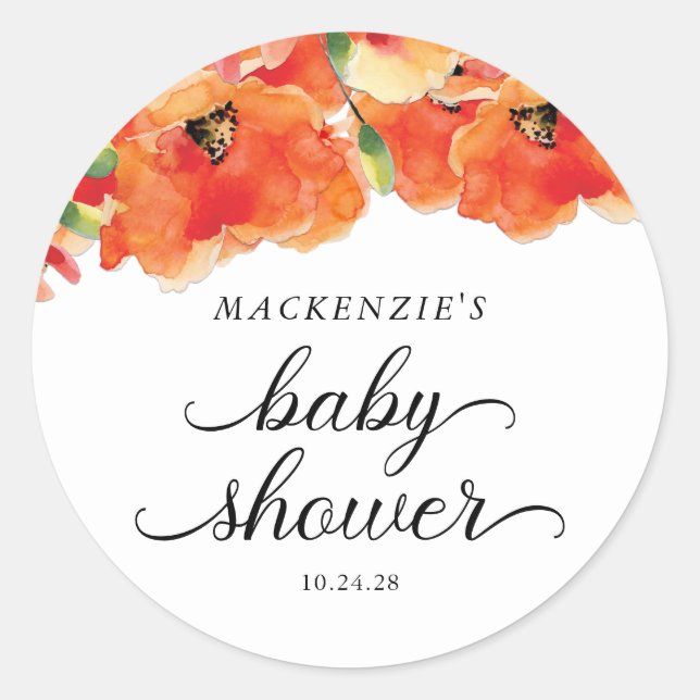 Elegant Golden Poppy Baby Shower Classic Round Sticker (Front)