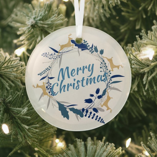 Elegant Golden Reindeer Floral Christmas Wreath Glass Tree Decoration (Insitu)