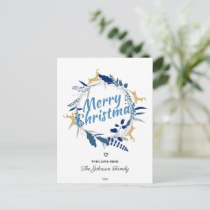 Elegant Golden Reindeer Floral Christmas Wreath Ho Holiday Postcard