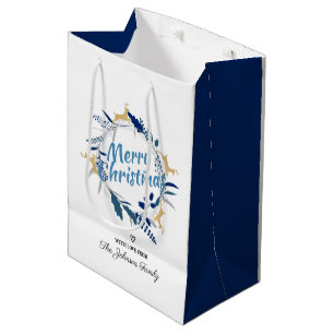Elegant Golden Reindeer Floral Christmas Wreath  Medium Gift Bag