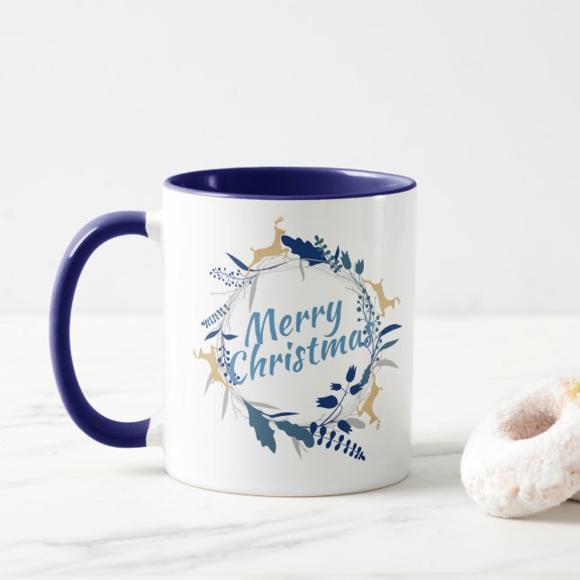 Elegant Golden Reindeer Floral Christmas Wreath Mug (With Donut)