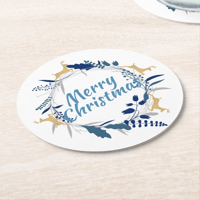 Elegant Golden Reindeer Floral Christmas Wreath Round Paper Coaster (Angled)