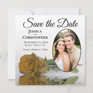 Elegant Golden Rose on White Oval Photo Wedding Save The Date
