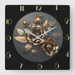 Elegant golden rose square wall clock