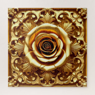 Elegant Golden Rose with Ornate Decorative Frame Jigsaw Puzzle