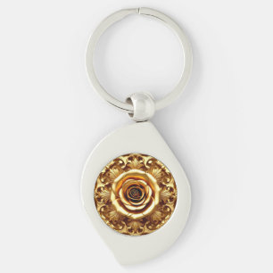 Elegant Golden Rose with Ornate Decorative Frame Key Ring