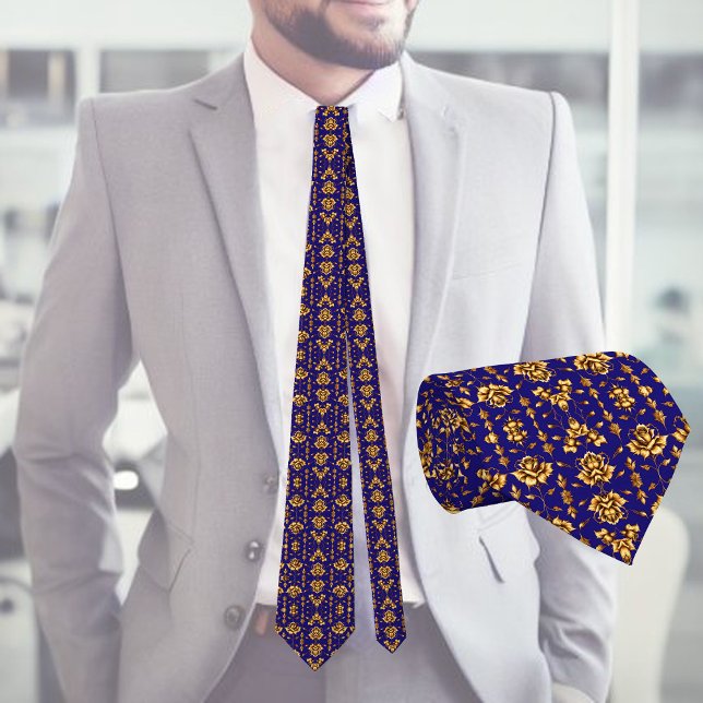 Elegant golden roses on royal blue tie (Creator Uploaded)