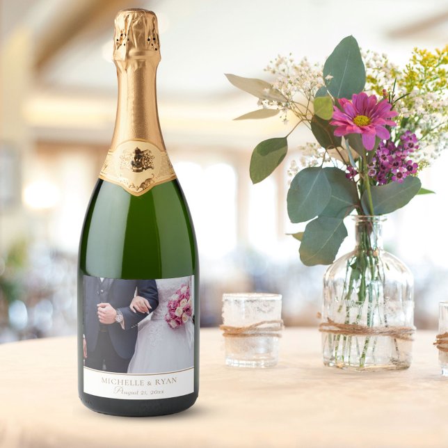 Elegant Golden Script Wedding Photo Sparkling Wine Label (Creator Uploaded)