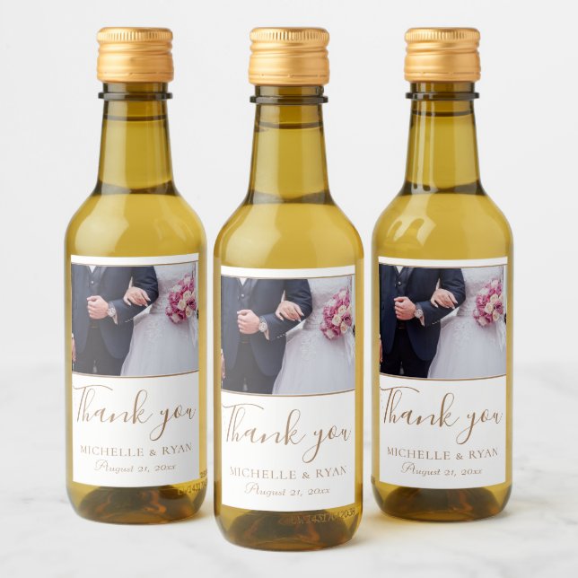 Elegant Golden Script Wedding Photo Thank you Wine Label (Bottles)