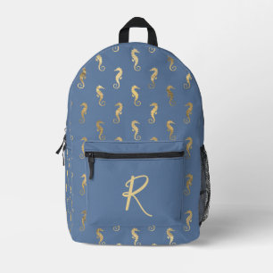 Elegant Golden Seahorses on Blue Personalised Printed Backpack