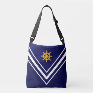 Elegant Golden Ship Wheel on Navy Blue & White Crossbody Bag