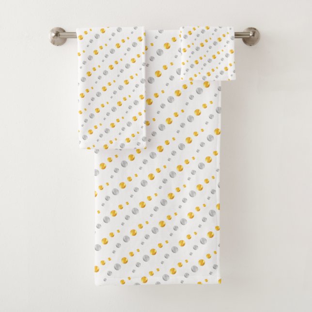 Elegant Golden & Silver Dots on White Bath Towel Set (Insitu)
