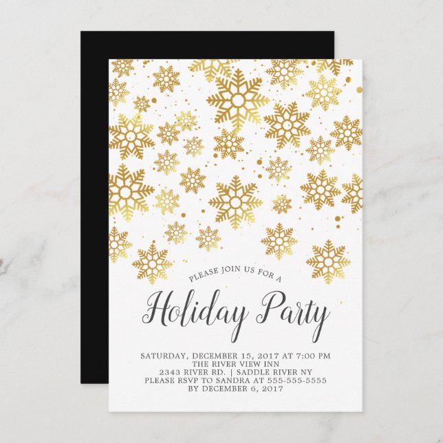Elegant Golden Snowflakes Holiday Party Invitation (Front/Back)