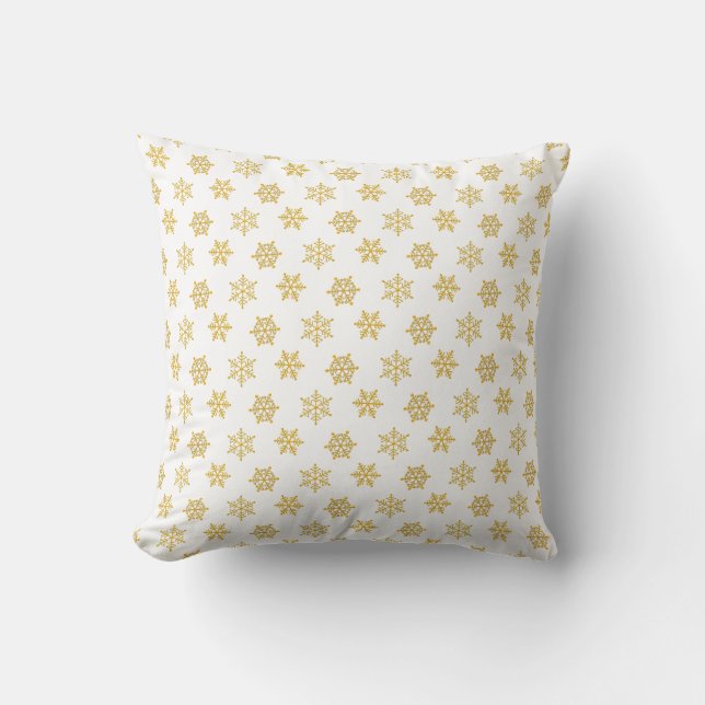 Elegant Golden Snowflakes on White Cushion (Front)