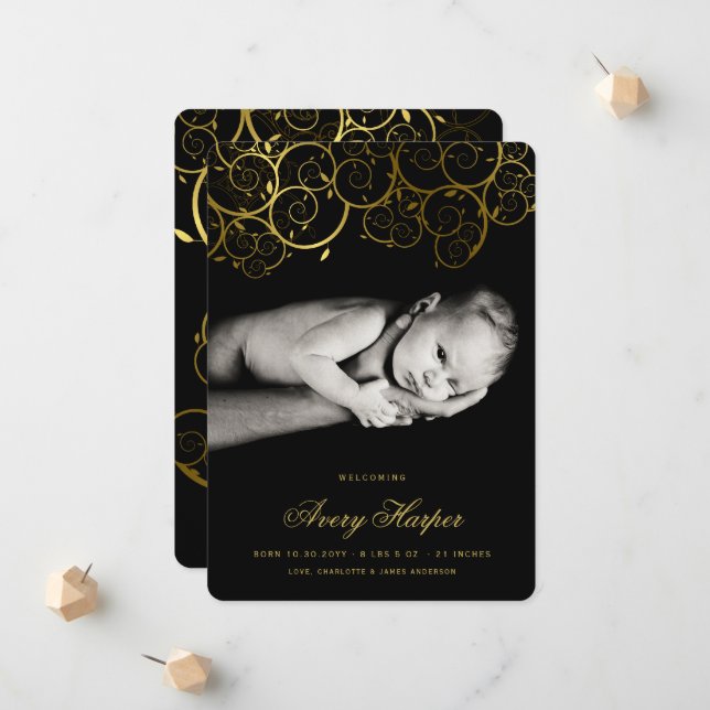 Elegant Golden Spirals Modern New Baby Photo Birth Announcement (Front/Back In Situ)