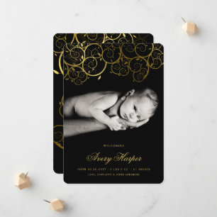 Elegant Golden Spirals Modern New Baby Photo Birth Announcement