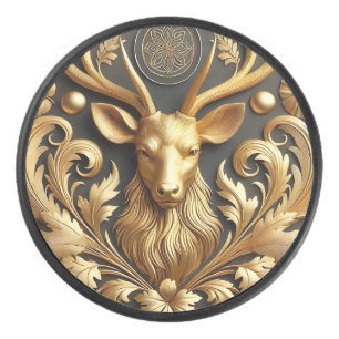 Elegant Golden Stag Head Ornament Hockey Puck