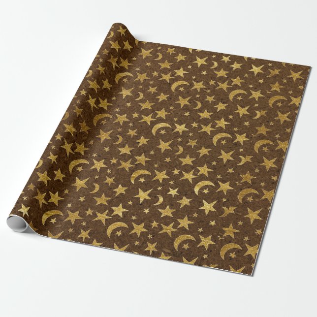 Elegant Golden Stars and Moon Brown Natural Kraft Wrapping Paper (Unrolled)