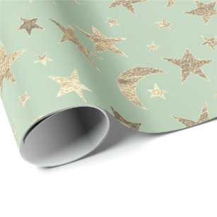 Elegant Golden Stars and Moon Olive Green Kraft Wrapping Paper