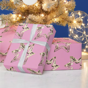 Elegant Golden Stars Pattern Pink Christmas Wrapping Paper