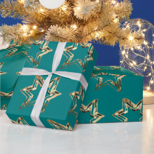 Elegant Golden Stars Pattern Teal Christmas Wrapping Paper