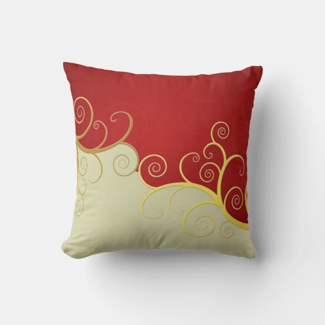 Elegant golden swirls on red and cream cushion (Front)