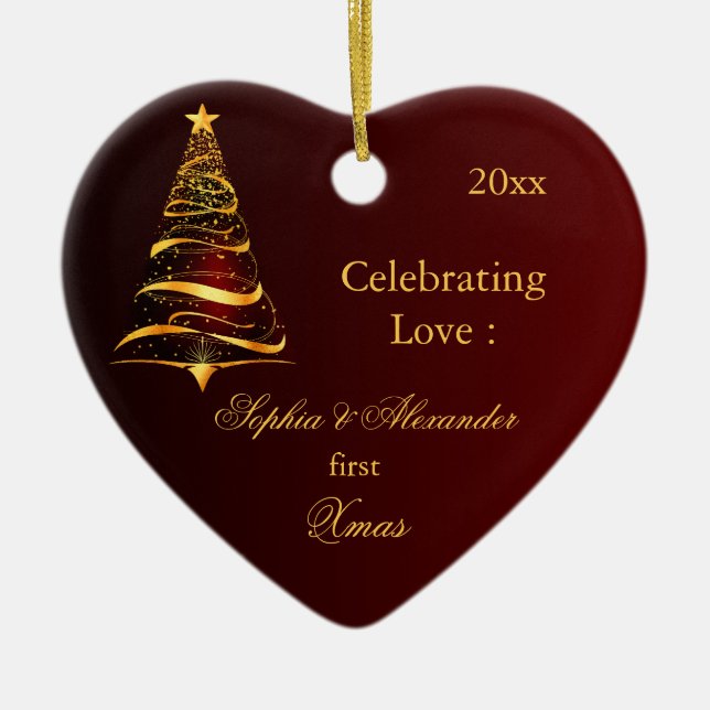Elegant Golden tree Newlywed first Christmas  Ceramic Tree Decoration (Front)