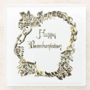 Elegant Golden Turkey Happy Thanksgiving Text Glass Coaster