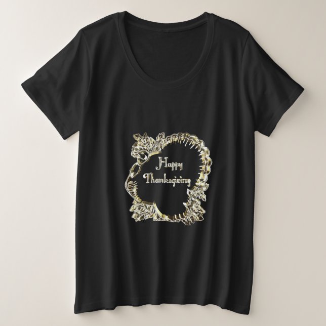 Elegant Golden Turkey Happy Thanksgiving Text Plus Size T-Shirt (Design Front)