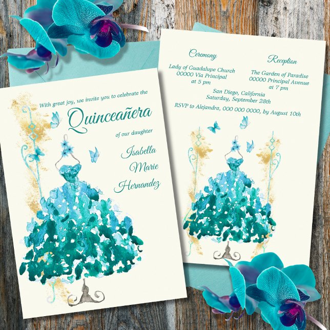Elegant Golden & Turquoise Butterflies Quinceañera Invitation (Creator Uploaded)