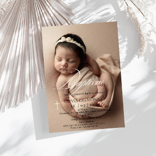 Elegant Golden Typography Cross Photo Baptism Invitation