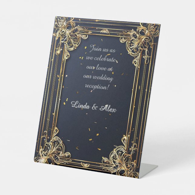 Elegant Golden wedding invitation frame Pedestal Sign (Front)