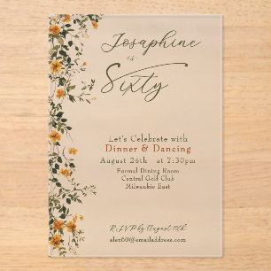 Elegant Golden Wildflower Named Sixtieth Birthday Acrylic Invitations