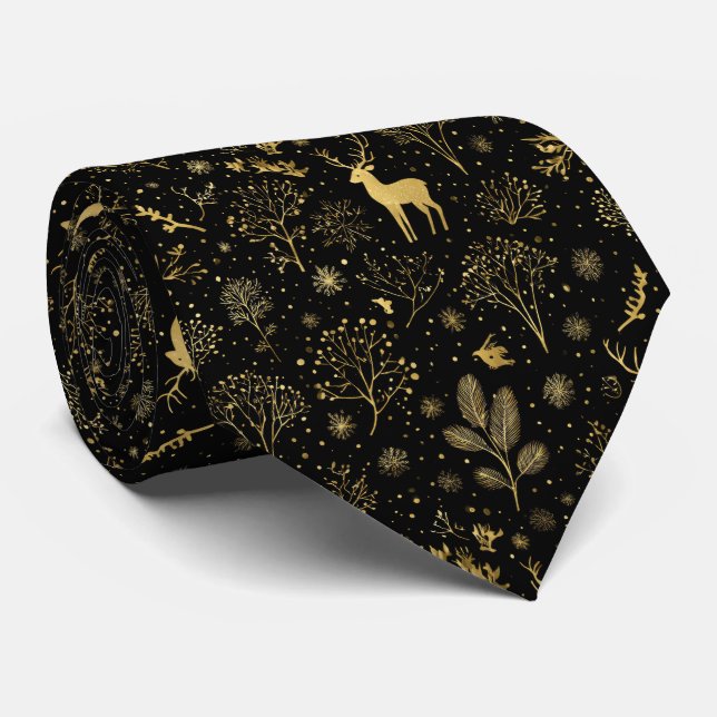 Elegant Golden Winter Forest Pattern Tie (Rolled)